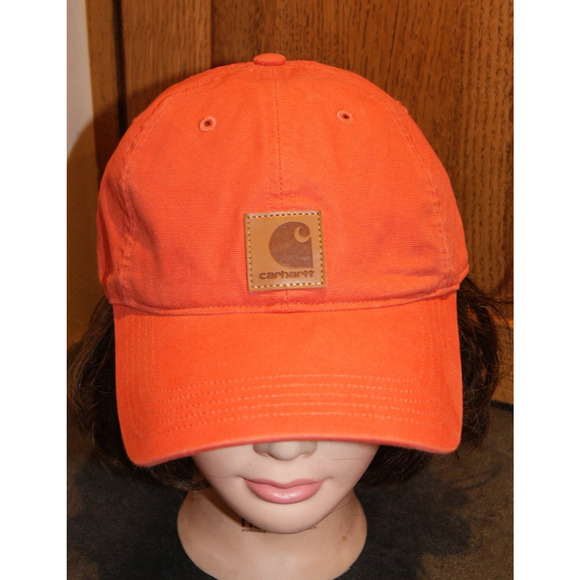 Carhartt Leather Patch Coral Orange Hat Cap Casual Fit OSFA - Picture 1 of 7